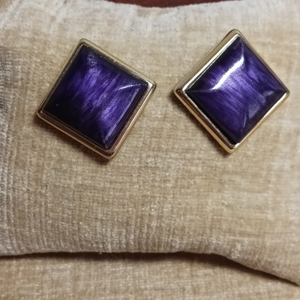 Gold Tone Purple Enamel Post Earrings